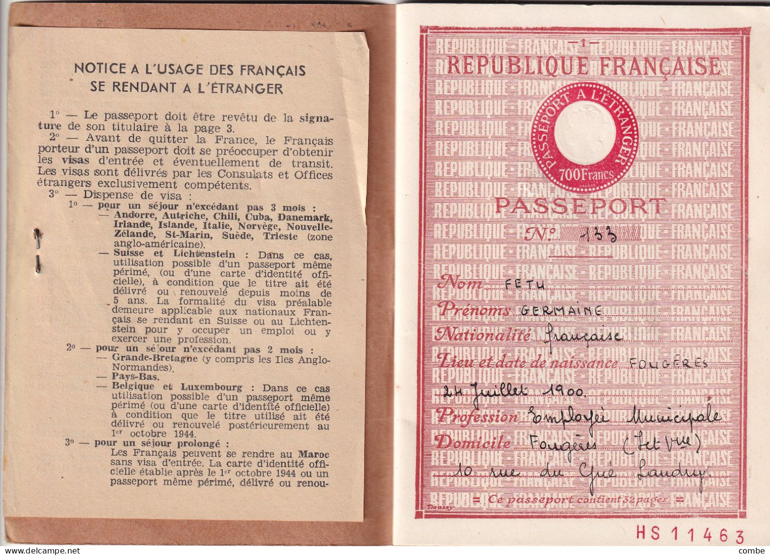 PASSEPORT. FOUGERES 1952 - Historische Documenten