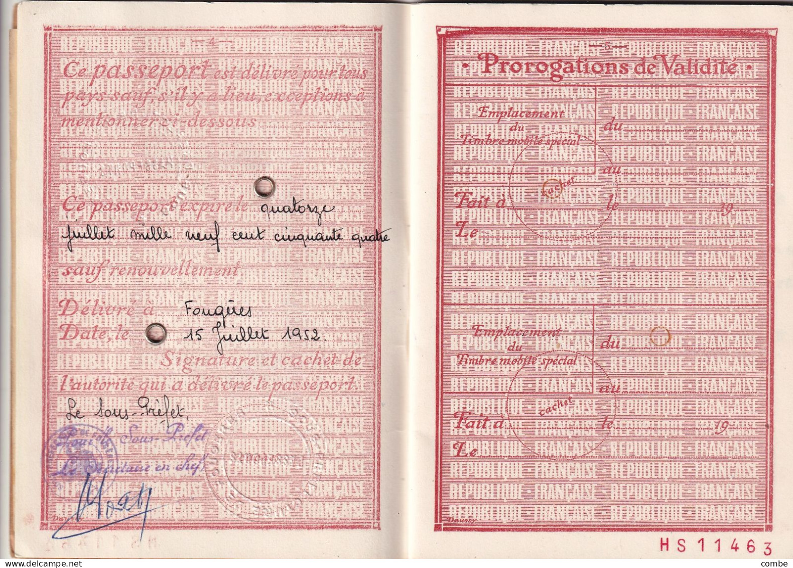 PASSEPORT. FOUGERES 1952 - Historische Dokumente