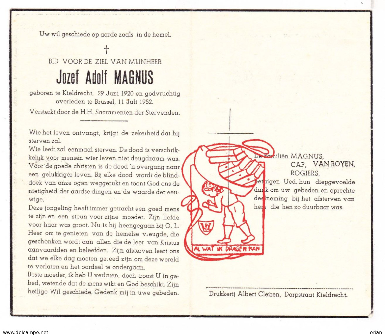 DP Jozef Adolf Magnus 32j. ° Kieldrecht Beveren Waas 1920 † Brussel 1952 Cap Van Royen Rogiers - Andachtsbilder