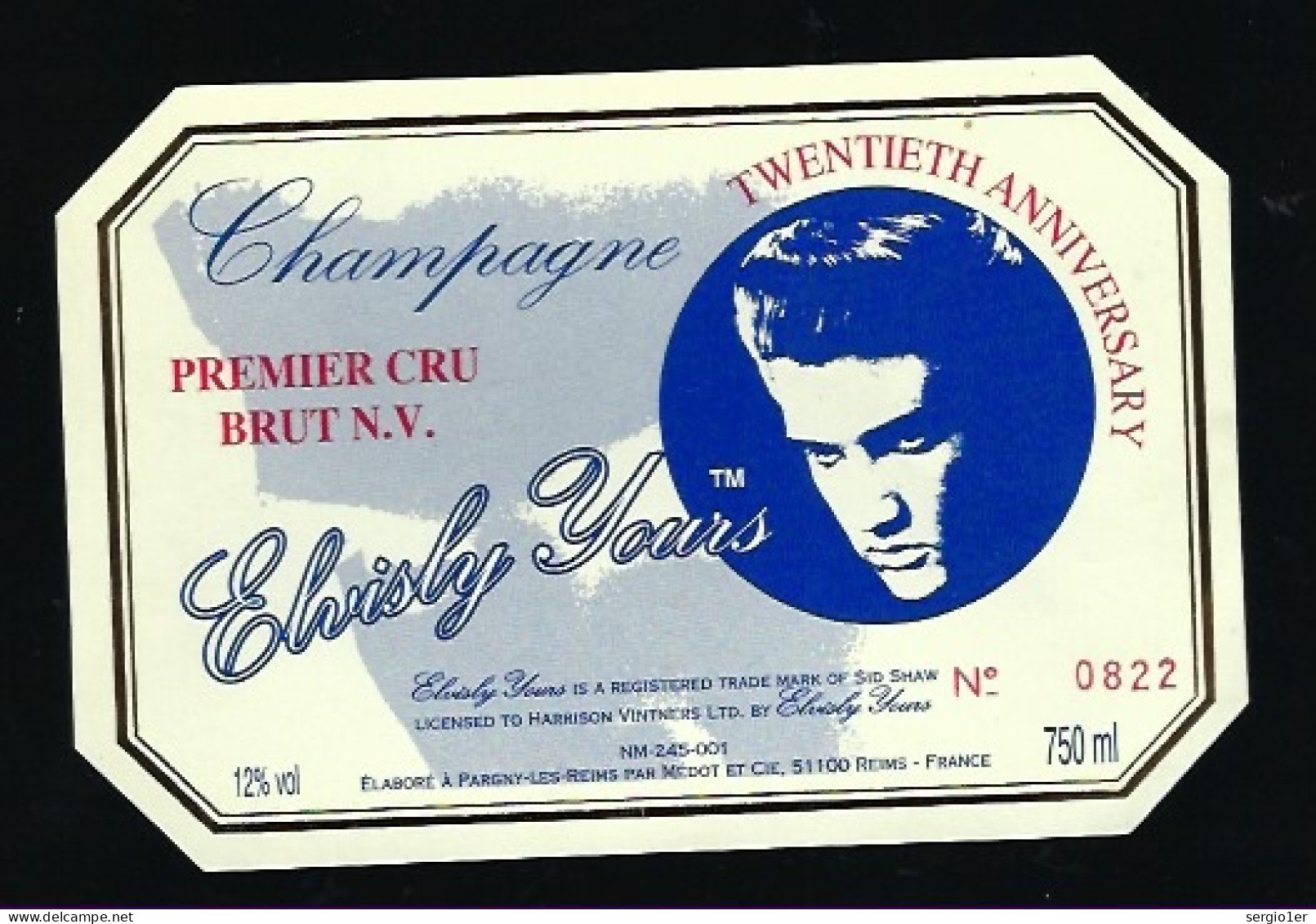 Etiquette Champagne Brut 1er Cru Elvis Presley Vingtieme Anniversaire  étiquette Numérotée 0822  Médot Et Cie Reims Marn - Champagne