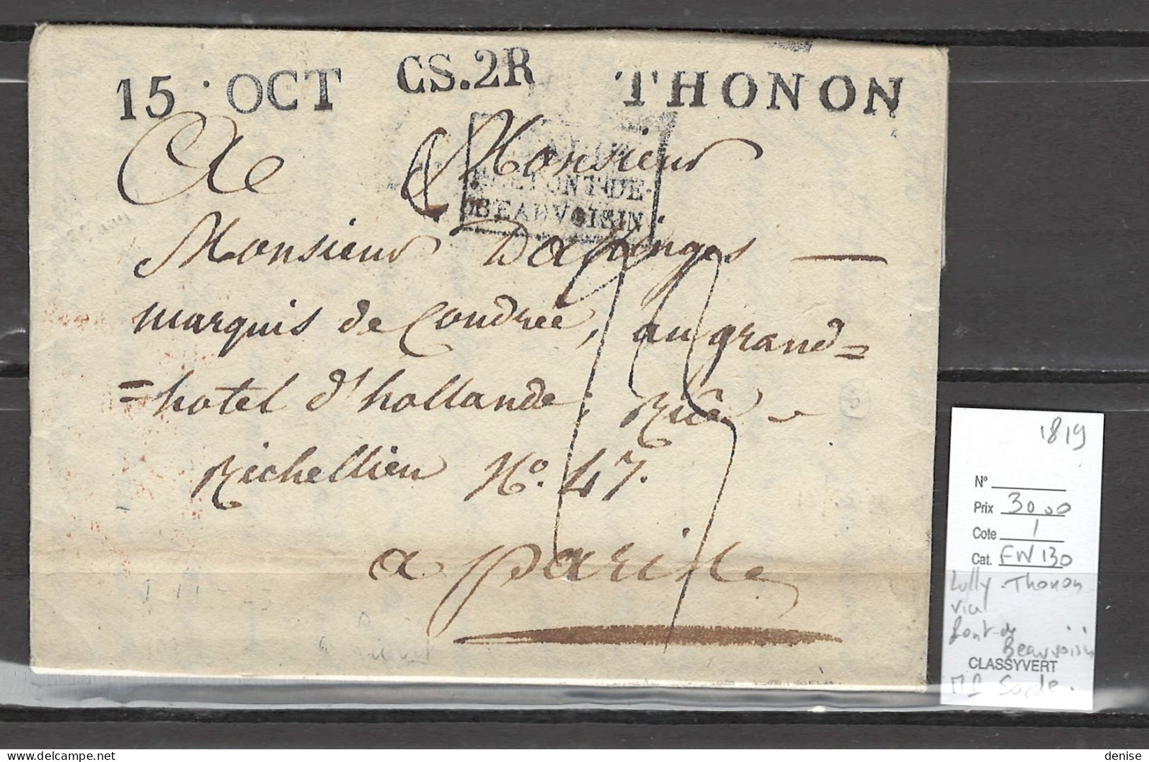 France - THONON - LULLY  - Haute Savoie Pour Paris - CACHET SARDE - 1819 - 1801-1848: Precursors XIX