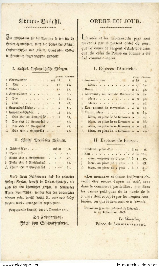 Österreichische U Preußische Armee Frankreichfeldzug 1814 Dekret Hauptquartier Lörrach Dezember 1813 Schwarzenberg - Documentos Históricos