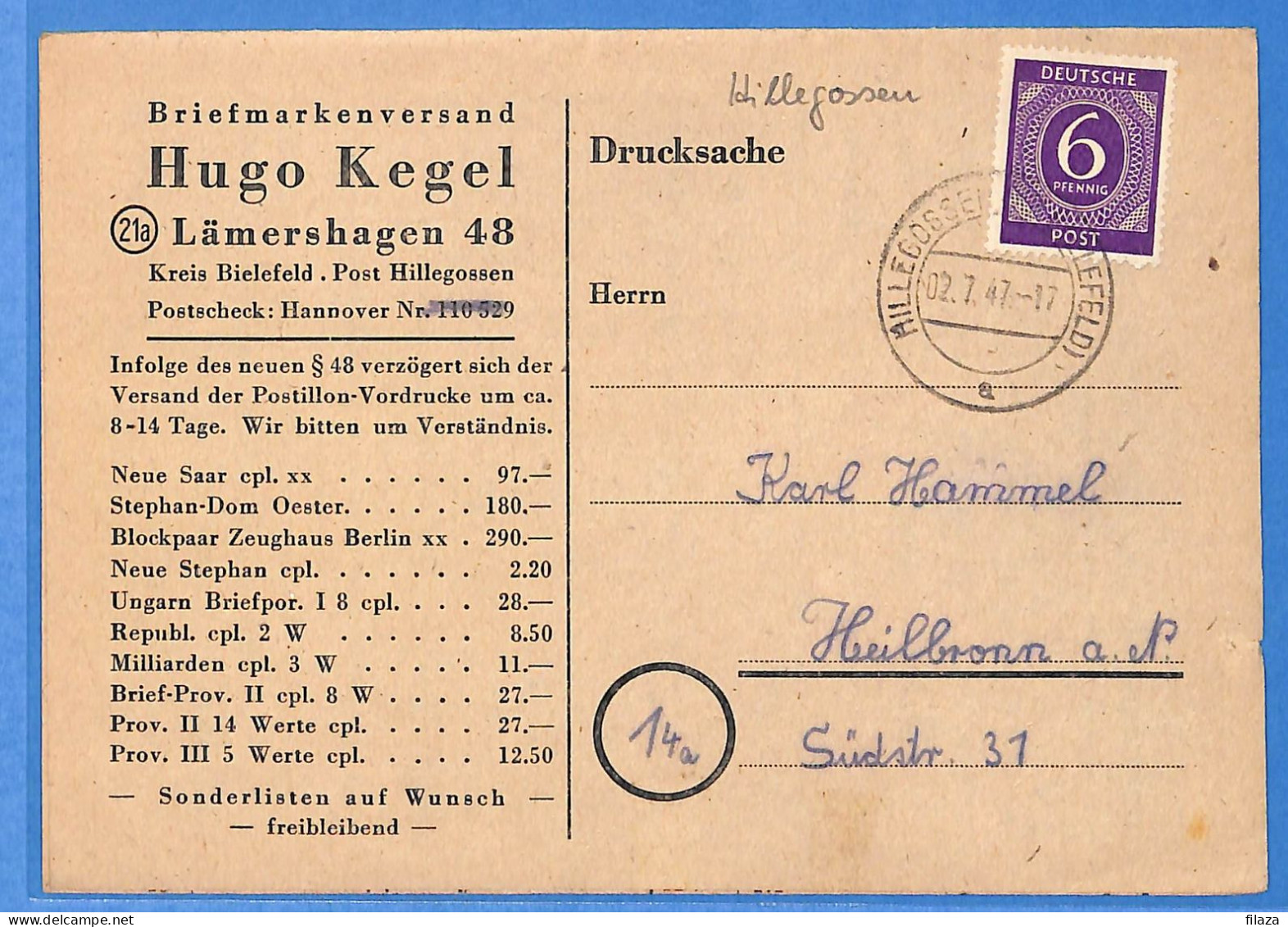 Allemagne Zone AAS 1947 - Carte Postale De Hillegossen - G33298 - Andere & Zonder Classificatie