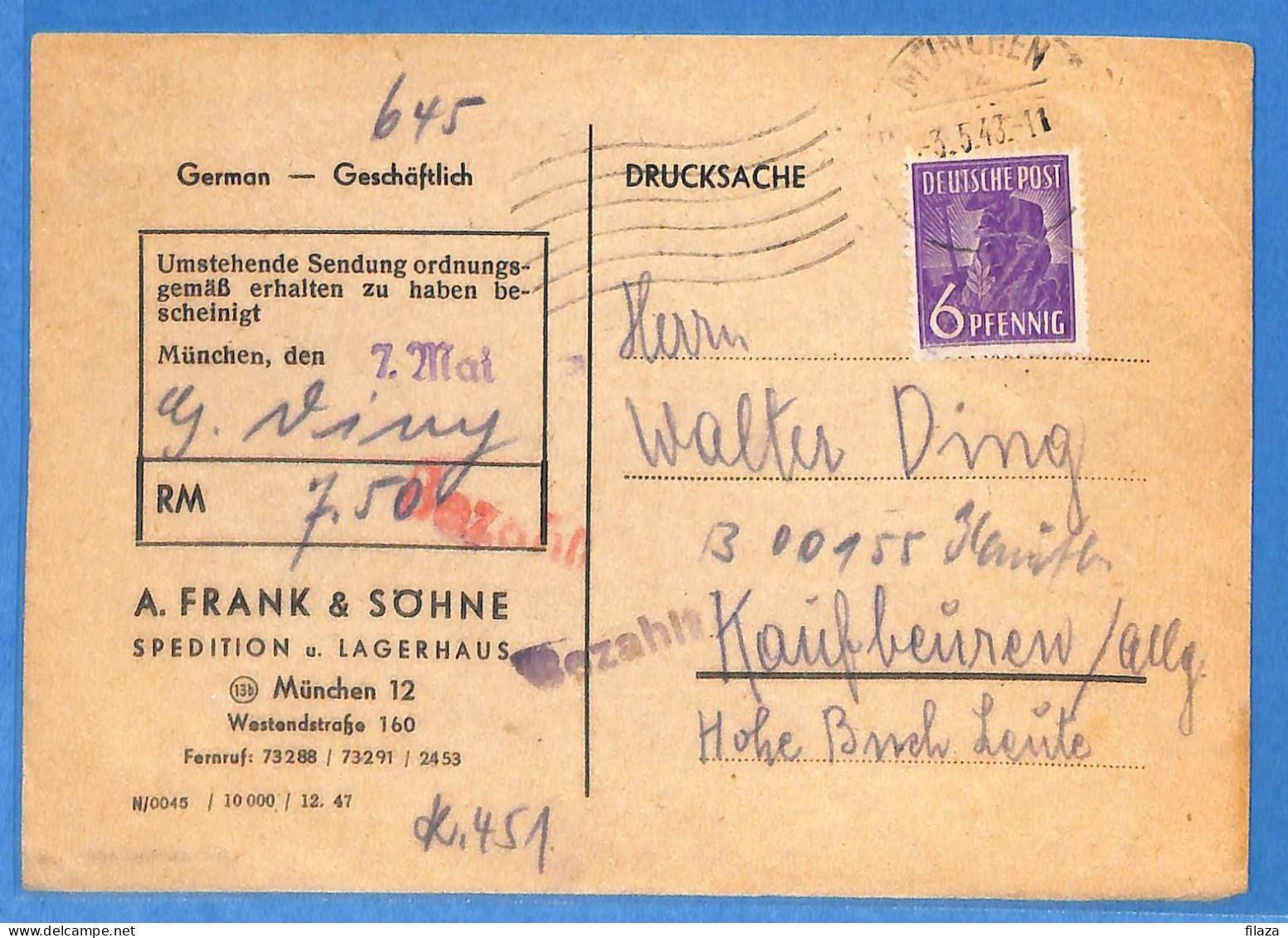 Allemagne Zone AAS 1948 - Carte Postale De Munchen - G33291 - Autres & Non Classés