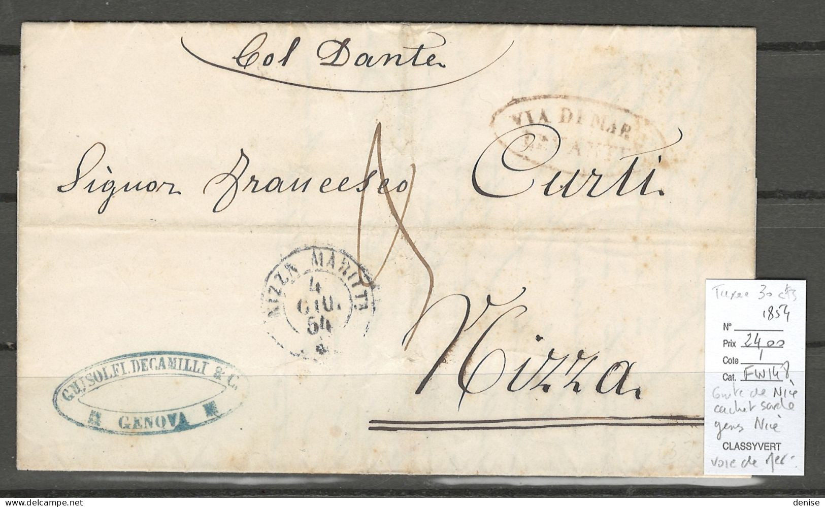 France -  Genes Nice - Cachets Sardes - Nizza Maritta - 1854 Via Di Mare - Vapeur Dante - Correo Marítimo