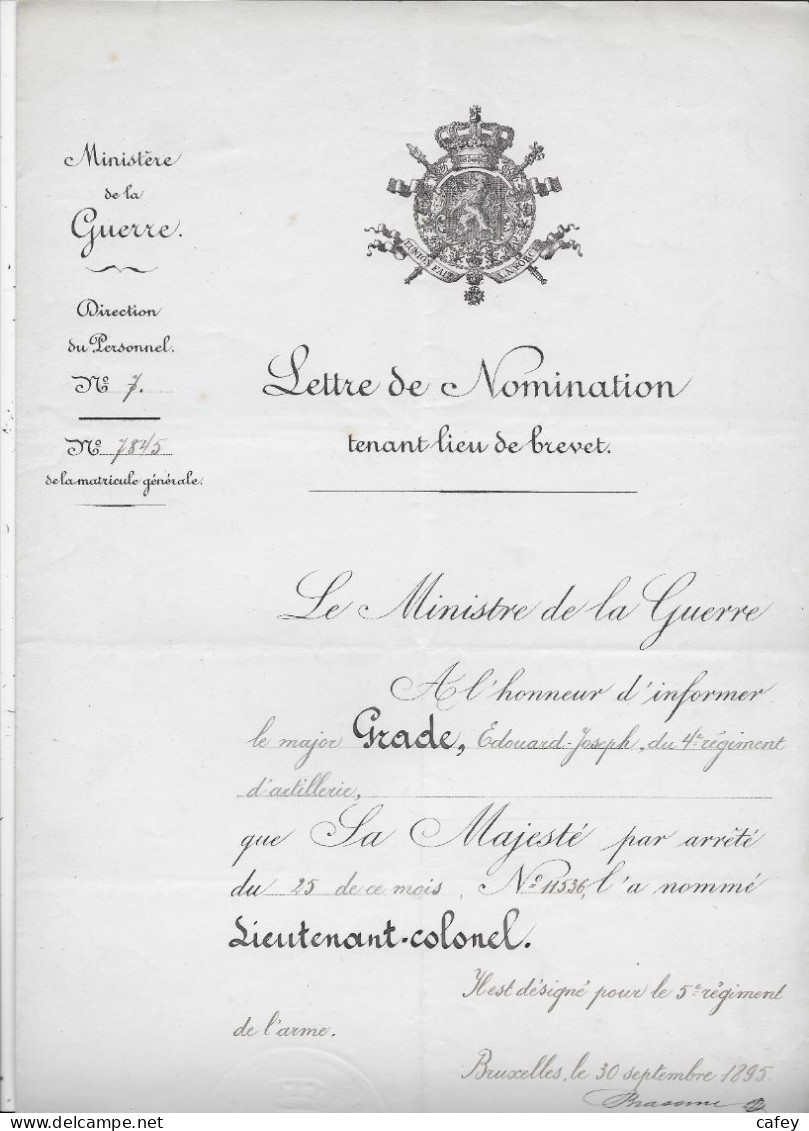 BELGIQUE Ensemble De 40 Documents Fin XIXème Sur La Carrière De L'officier GRADE ,lettre De Ministre , Nomination ... - Documents Historiques