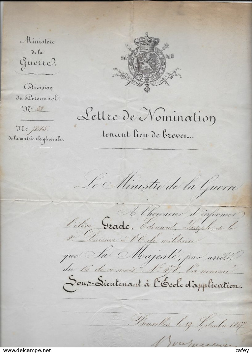 BELGIQUE ensemble de 40 documents fin XIXème sur la carrière de l'officier GRADE ,lettre de ministre , nomination ...