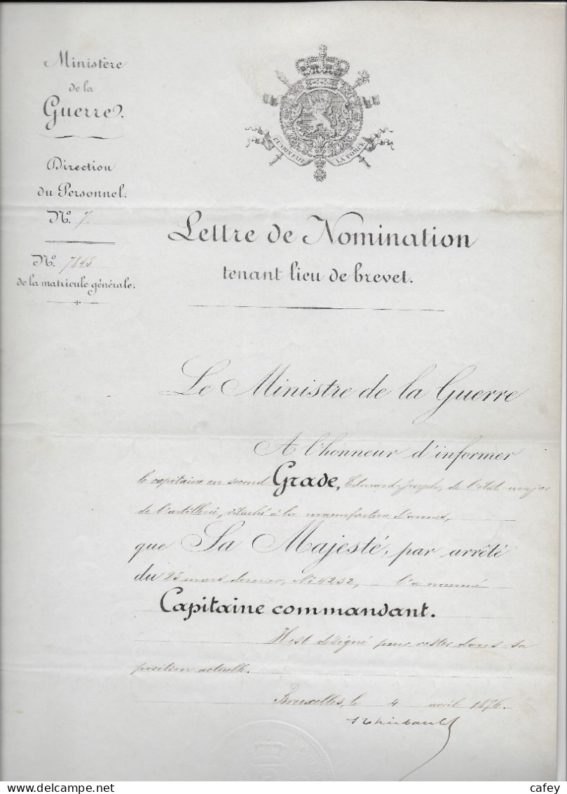 BELGIQUE ensemble de 40 documents fin XIXème sur la carrière de l'officier GRADE ,lettre de ministre , nomination ...