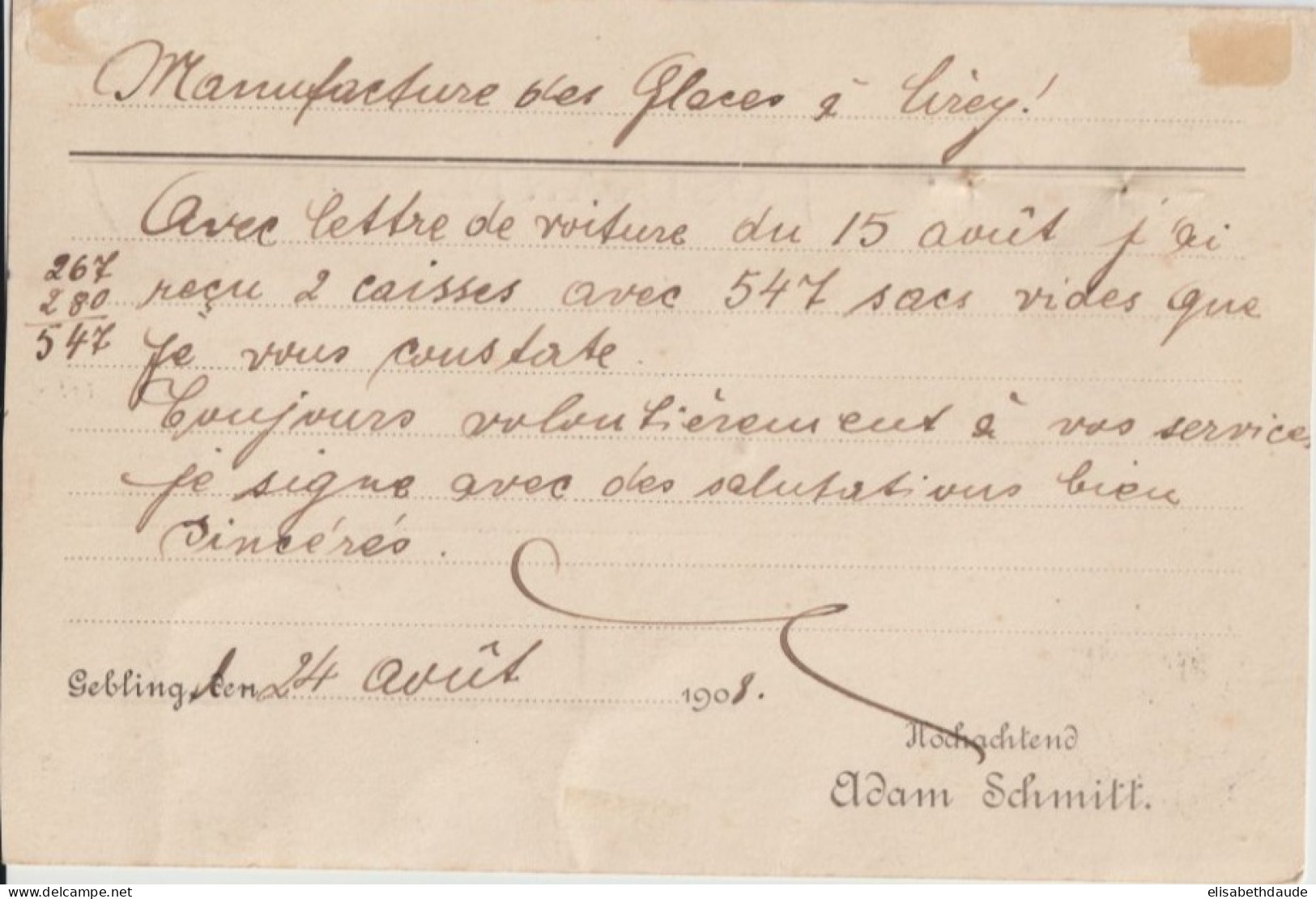 1908 - MOSELLE - CONVOYEUR BAHNPOST DIEUZE BENSDORF (IND 10 !) ZUG 2731 - CP De GEBLING => CIREY SUR VEZOUZE - Briefe U. Dokumente
