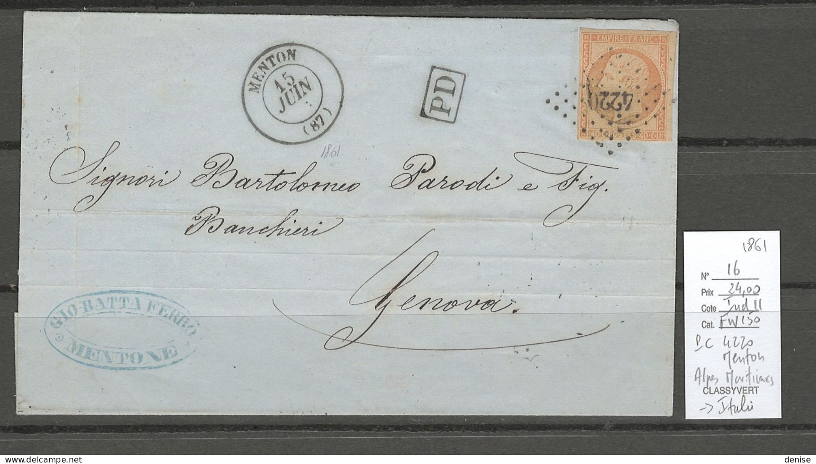 France -  Lettre De Menton - Alpes Maritimes - PC4220 - 1861 Pour L'Italie - 1849-1876: Klassieke Periode