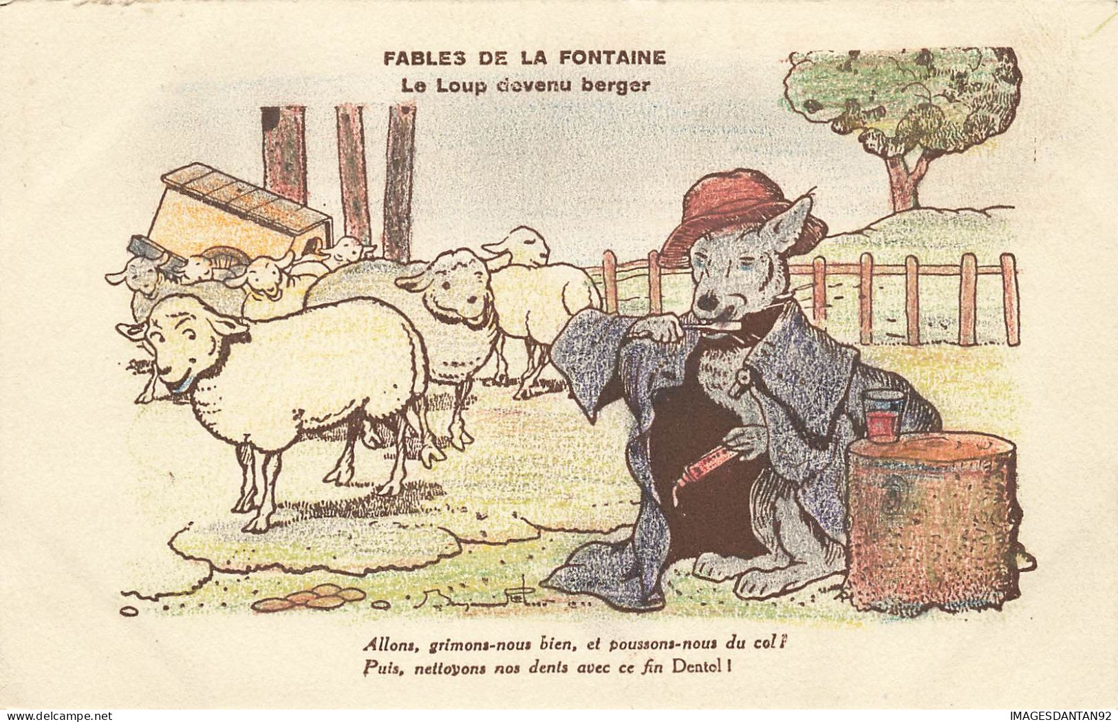 ILLUSTRATEUR #FG57299 BENJAMIN RABIER FABLES DE LA FONTAINE LE LOUP DEVENU BERGER + PUBLICITE DENTOL - Rabier, B.