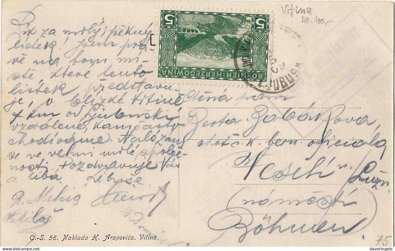 Bosnia-Herzegovina/Austria-Hungary, Picture Postcard-year 1909, Auxiliary Post Office/Ablage VITINA, Type A1 - Bosnien-Herzegowina