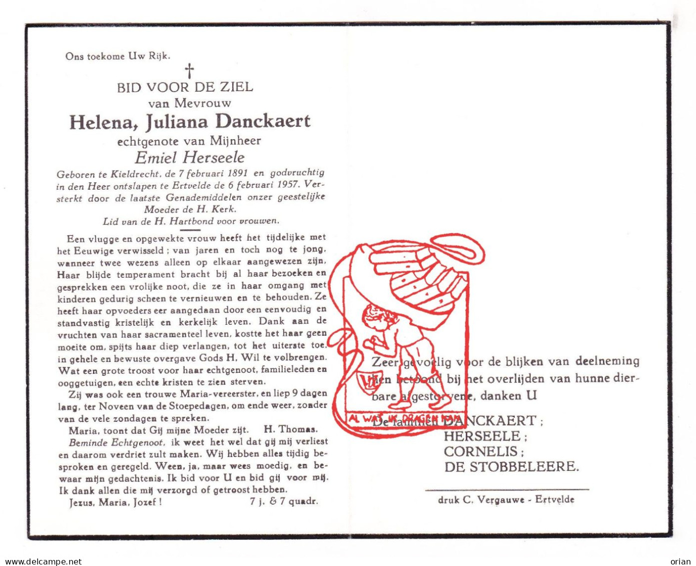 DP Helena Juliana Danckaert ° Kieldrecht Beveren Waas 1891 † Ertvelde Evergem 1957 Herseele // Cornelis De Stobbeleere - Images Religieuses