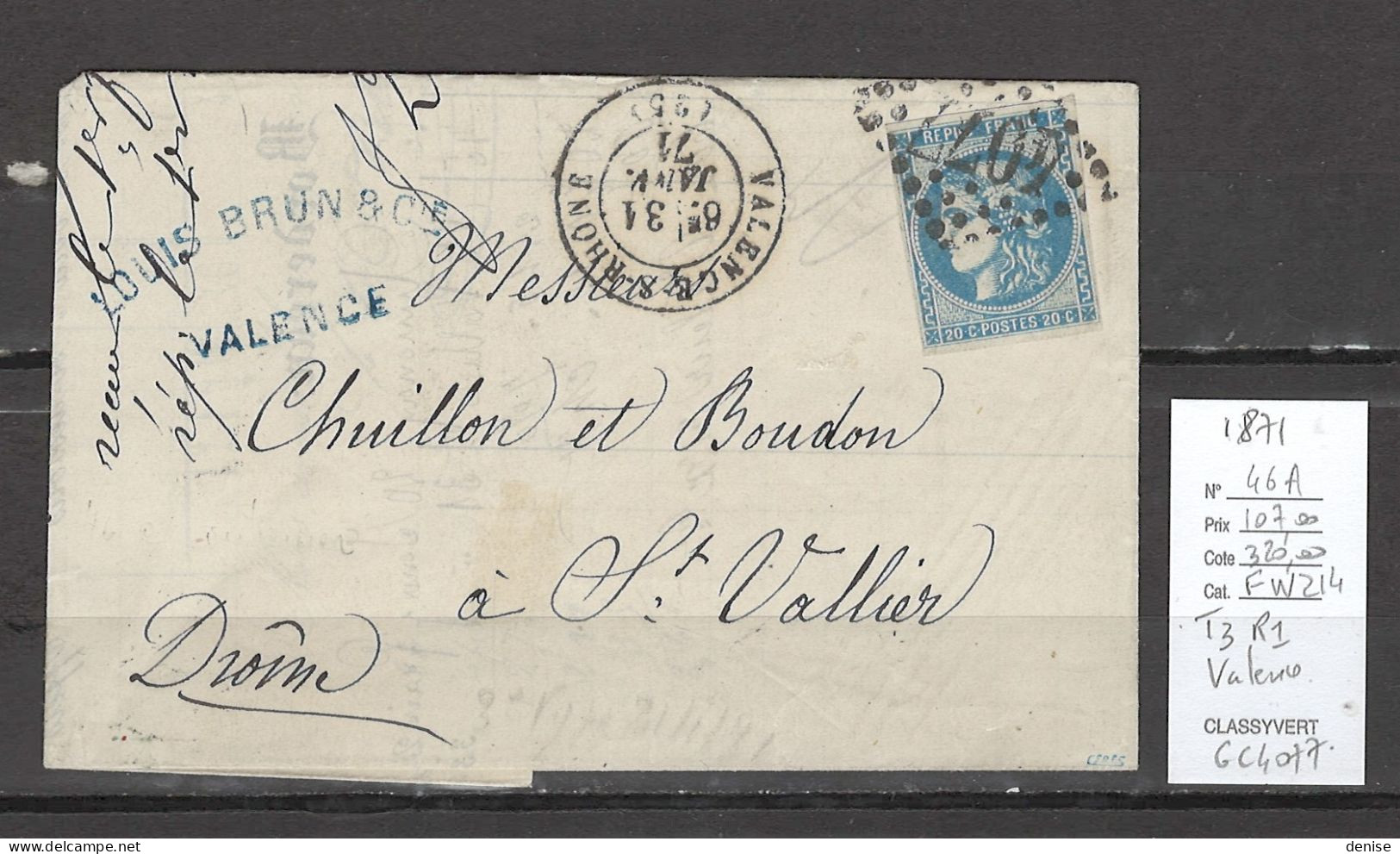 France - Lettre De Valence - Drome - 1871 - Yvert 46A - 20cts Bordeaux T3 R1 - 1849-1876: Classic Period