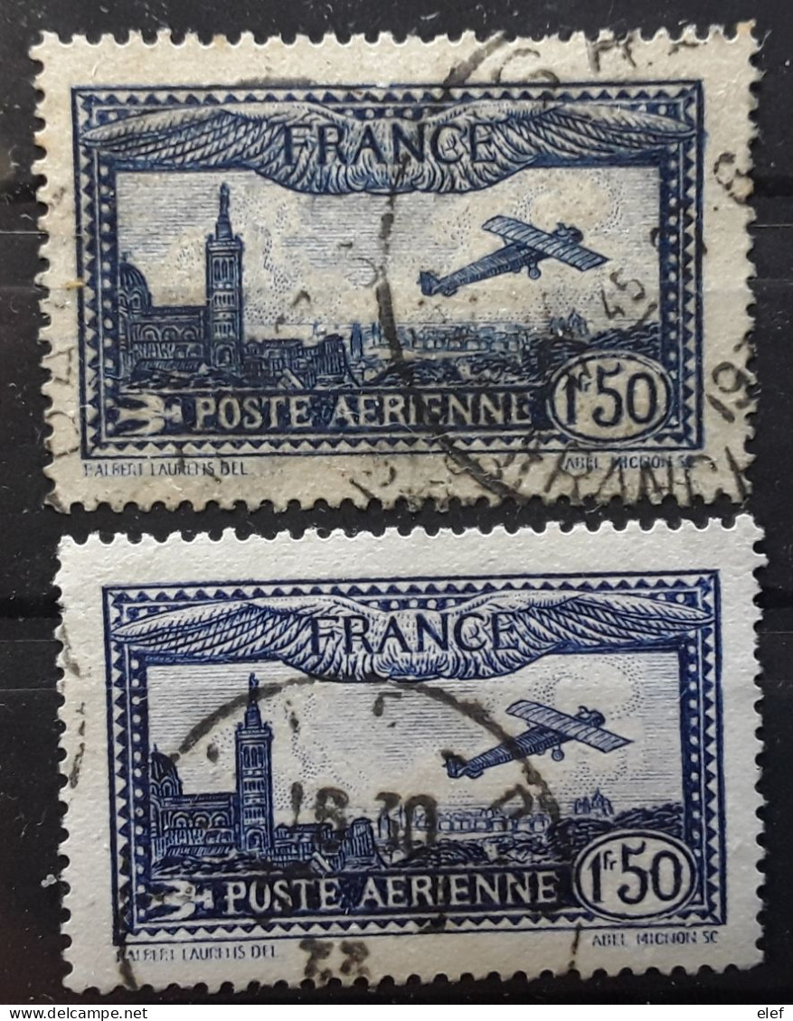 France 1930 Poste Aérienne Airmail Yvert No 6 & 6 A,1 F 50 Bleu & Outremer Avion Survolant Marseille Obl Cote 30 Euros - 1927-1959 Gebraucht
