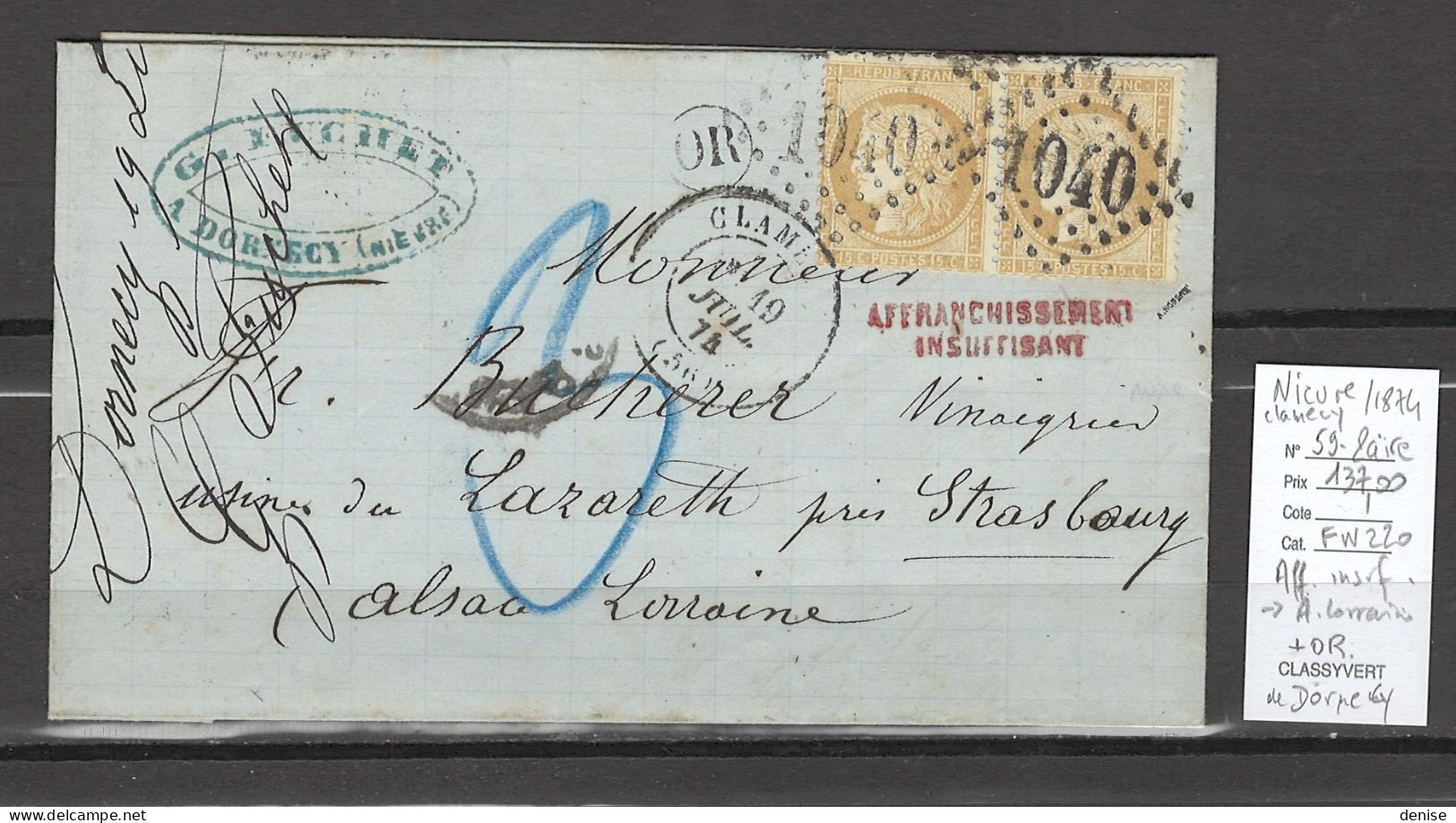 France - Lettre De Clamecy - Or De Dornecy - Nievre - Affranchissement Insuffisant Pour L'Alsace - 1874 - 1849-1876: Classic Period