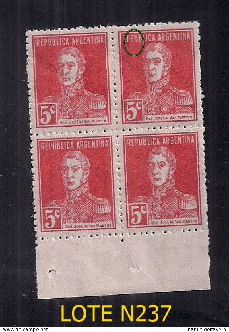 ARGENTINE 1924 GJ 599 SAN MARTIN 5C SANS POINT "U" EFFACER SUR IMAGE NEUF - Unused Stamps