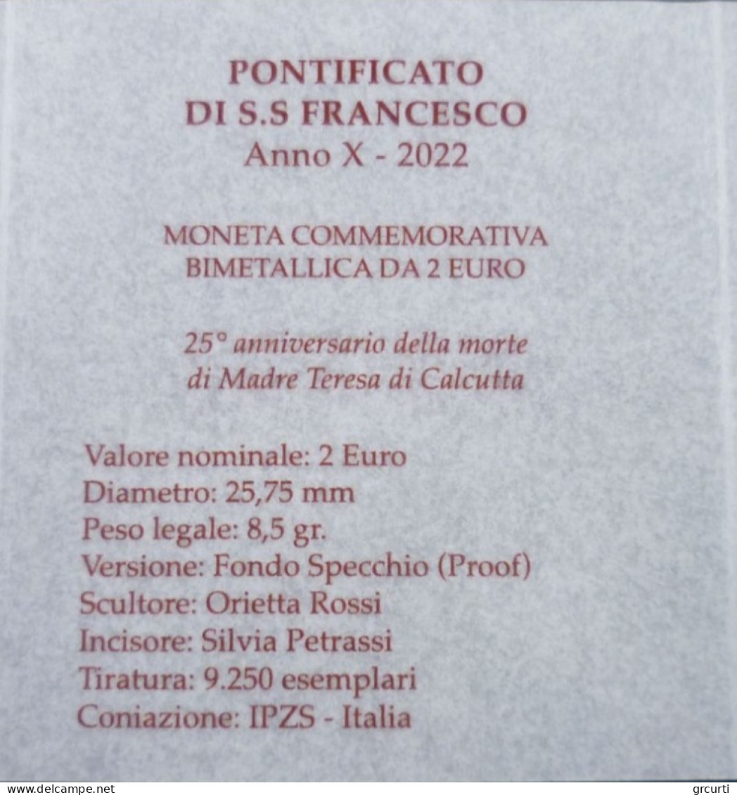 Vaticano - 2 Euro 2022 - 25° Anniversario Della Morte Di Madre Teresa Di Calcutta - UC# 114 - Vatican