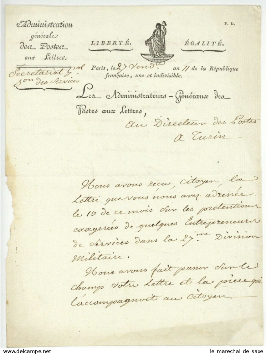 Franchise Administration Generale Des Postes 1803 Paris Pour Turin - 1701-1800: Voorlopers XVIII