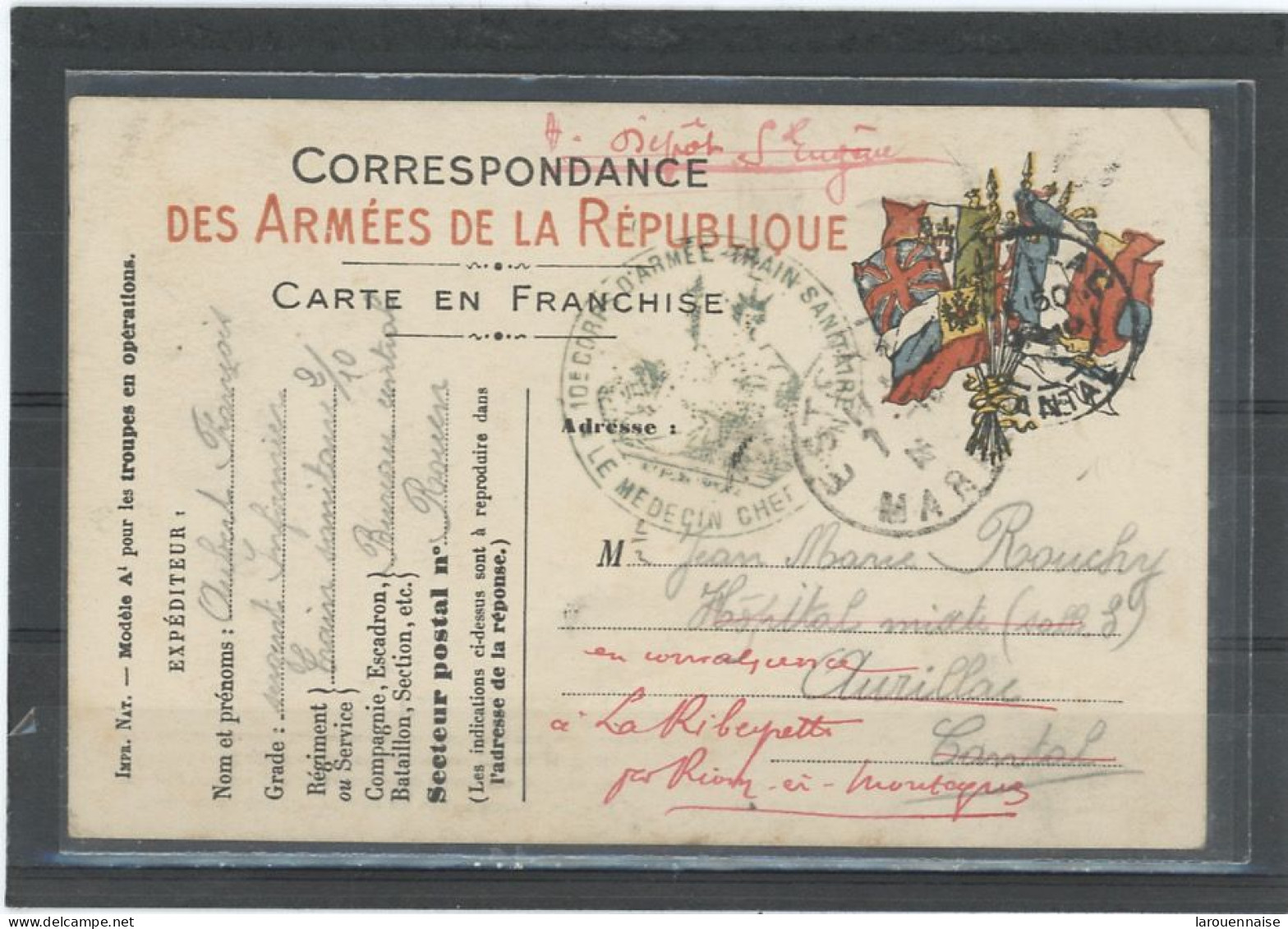 CACHET MILITAIRE -76 ROUEN-CP- FM  FRAPPE TTB -DOUBLE  CERCLE BLEU, 37mm -10è CORP D'ARMÉE -TRAIN SANITAIRE N°2 / *LE ME - WW I