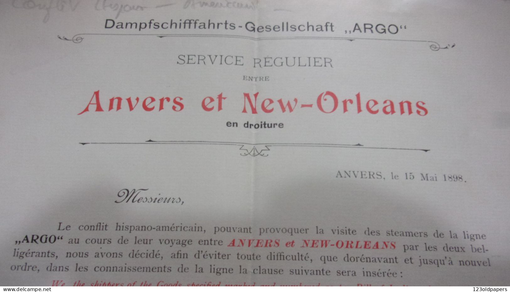 1898  DAMPFSCHIFFAHRT GESELLSSCHAFT ARGO SOCIETE TRANSPORT A VAPEUR ARGO ANVERS ET NEW ORLEANS CONFLIT - Documentos