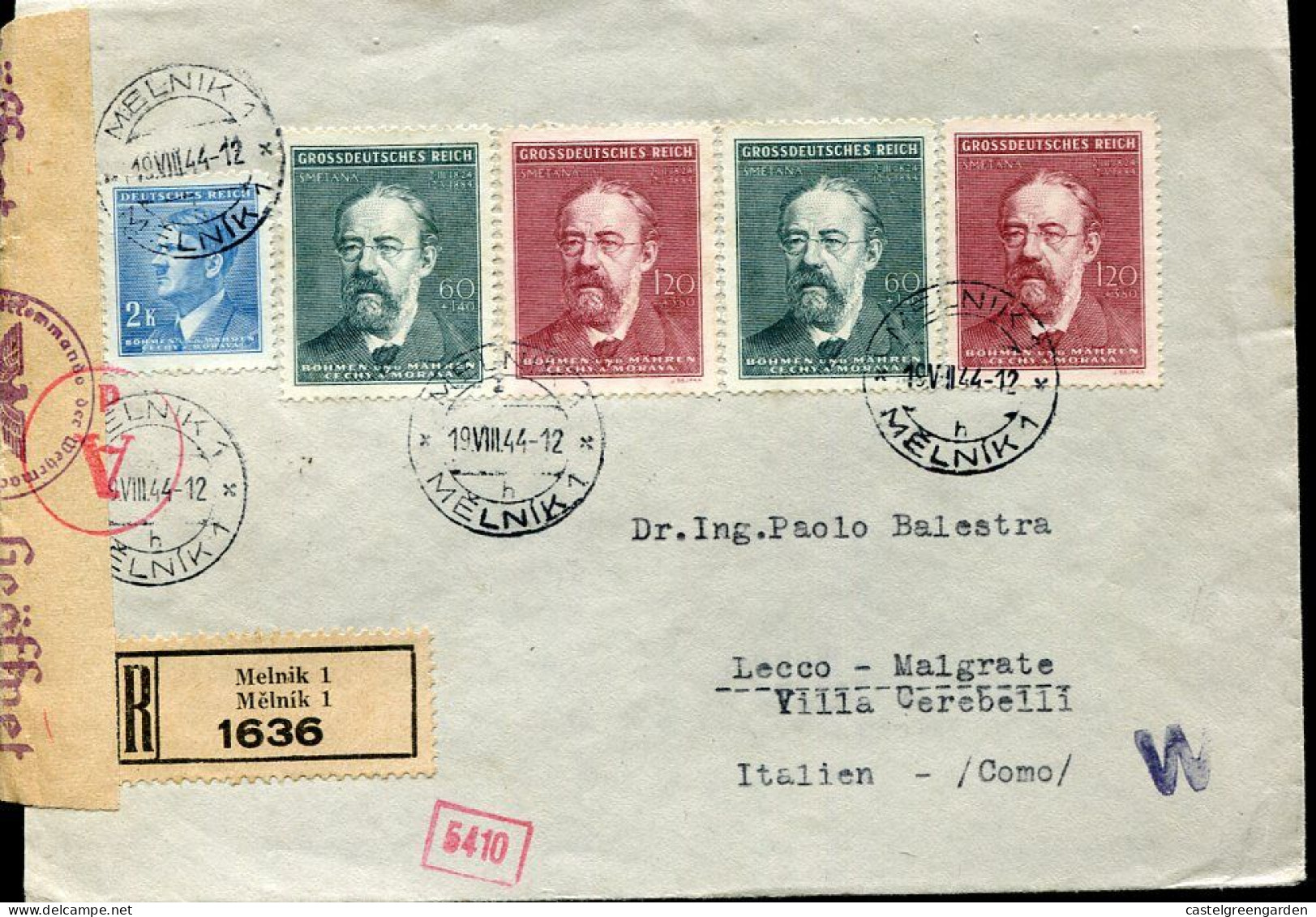 X0549 Boemia & Morava,(germany Occupation)circuled Registered Censured Cover 1944 From Melnik To Italy,Smetana Music - Musique