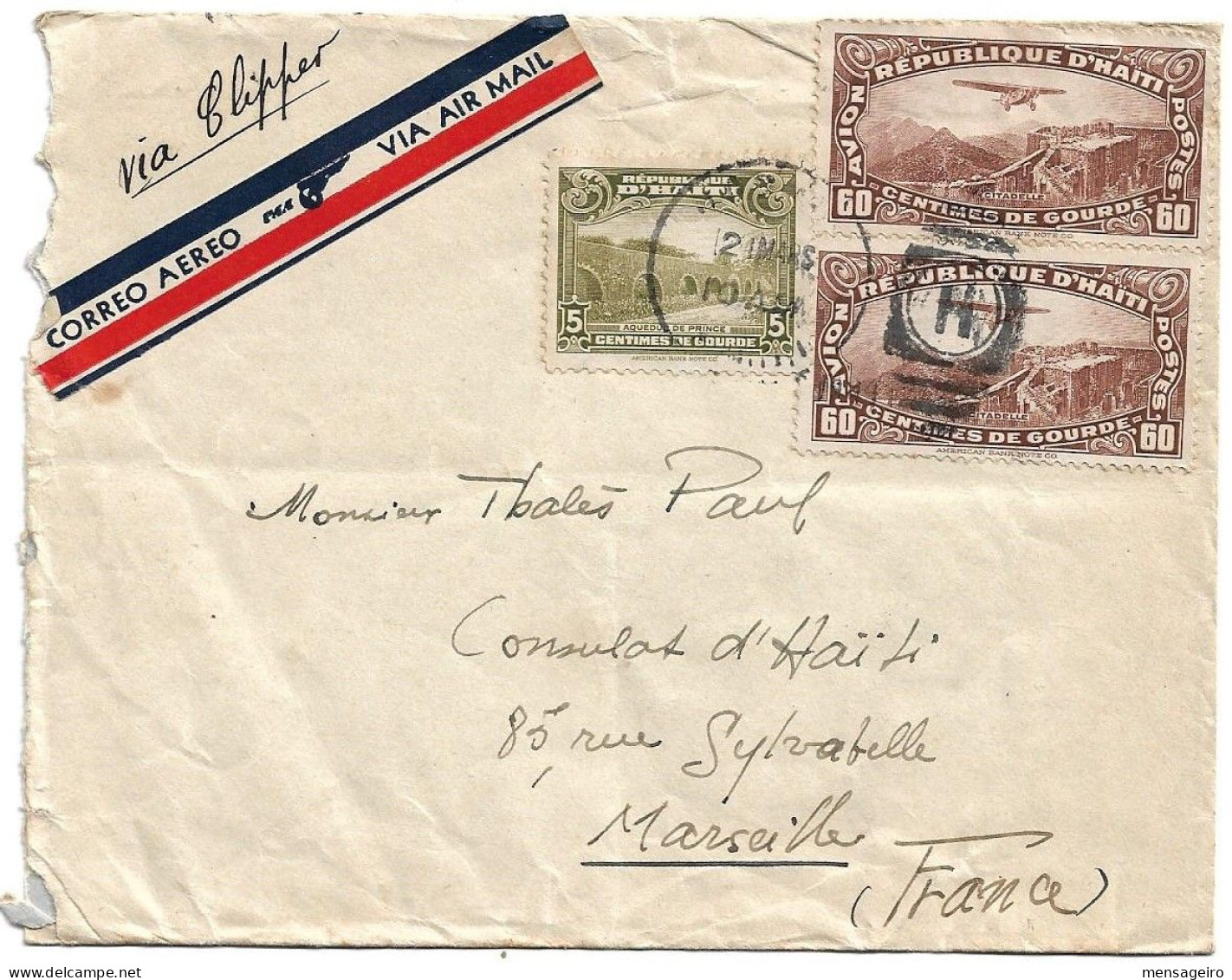 (C01) - HAITI AIR MAIL COVER JACMEL => FRANCE 1943 - CONSULATE OF HAITI IN MARSEILLE - Haiti