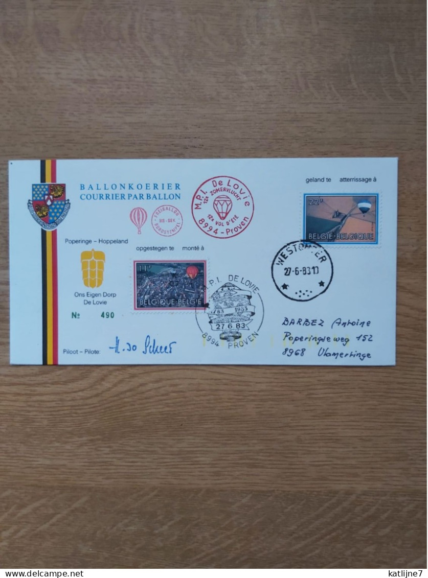 Ballonkoerier  Courrier Par Ballon  Popering  Hoppeland   1983  Piloot  Scheers - Lettres & Documents