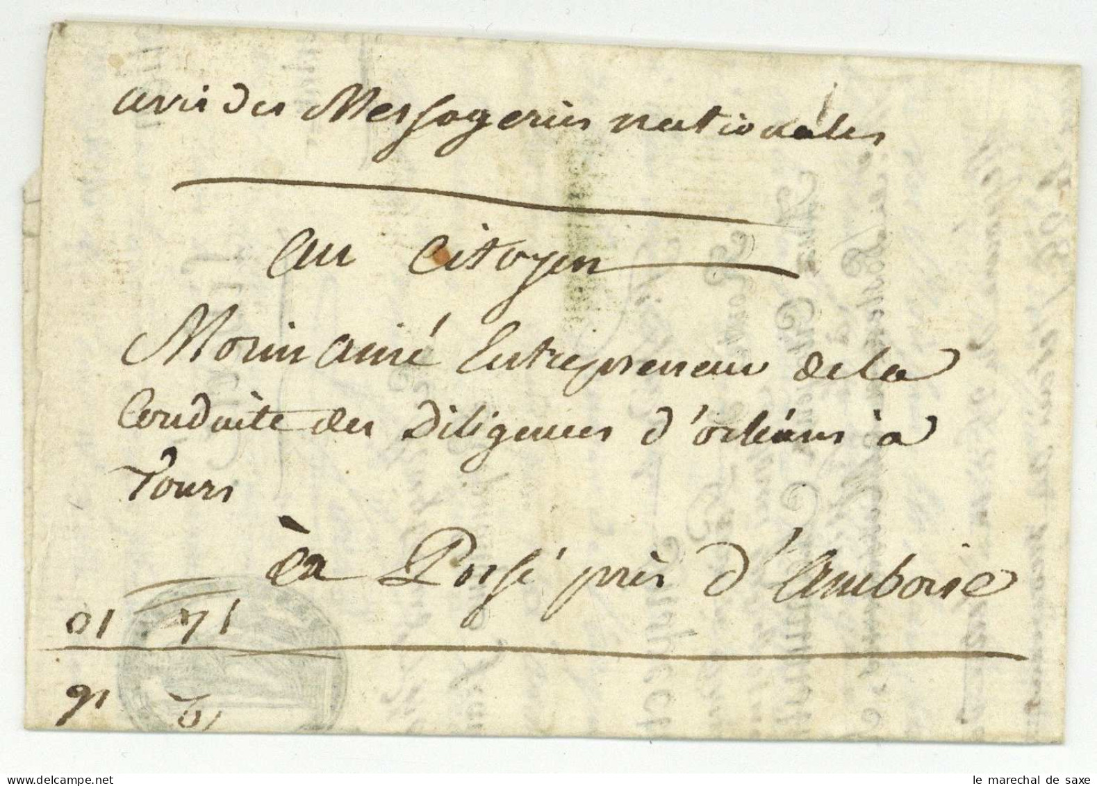 Inspection Des Messageries 1797 Vidal Etampes Pour Pocé Près D'Amboise - 1701-1800: Précurseurs XVIII