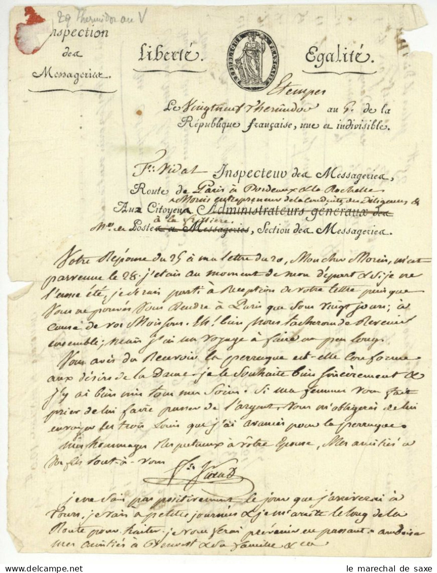 Inspection Des Messageries 1797 Vidal Etampes Pour Pocé Près D'Amboise - 1701-1800: Precursors XVIII