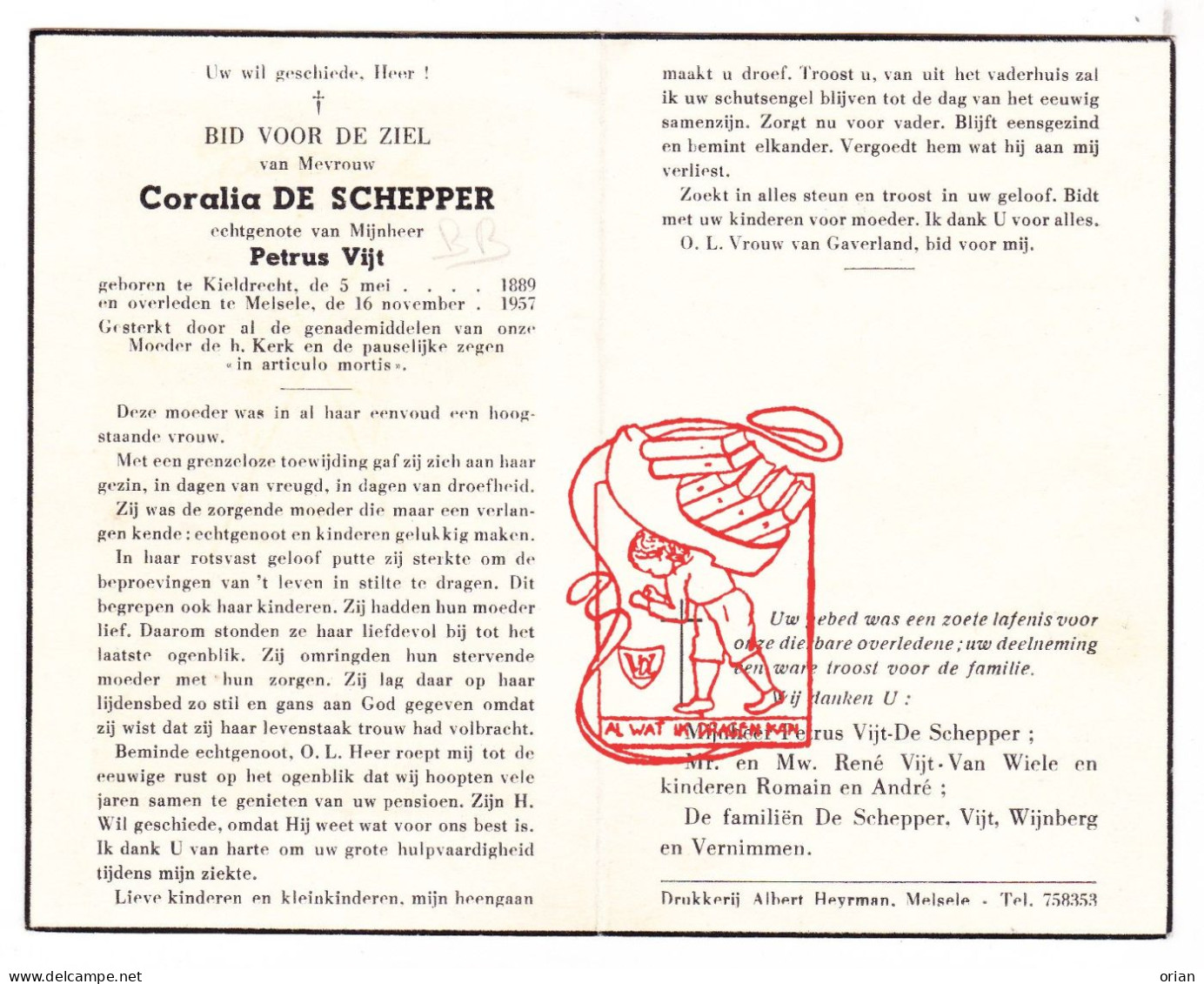 DP Coralia De Schepper ° Kieldrecht Beveren Waas 1889 † Melsele 1957 X Petrus Vijt // Van Wiele Wijnberg Vernimmen - Andachtsbilder