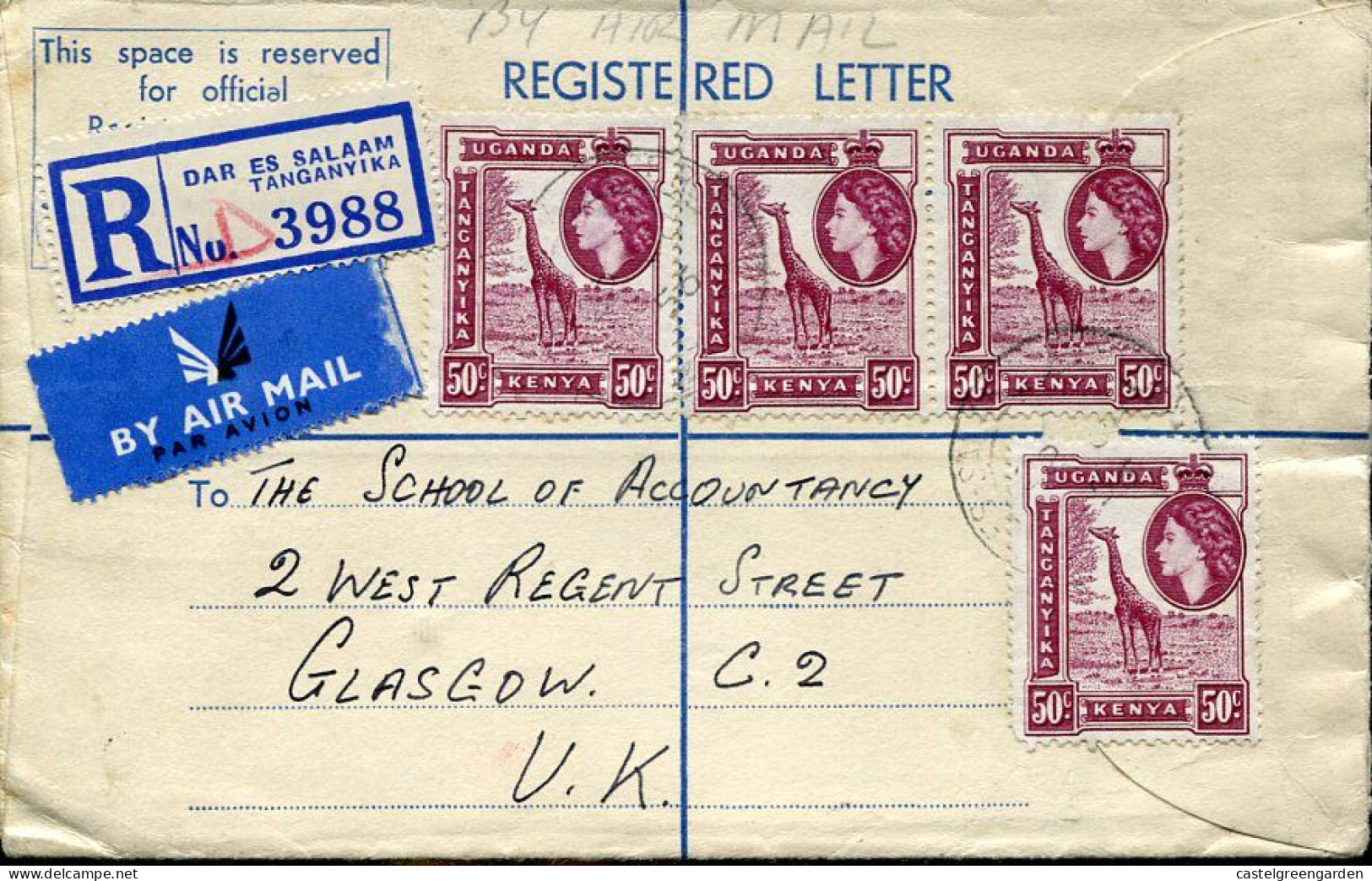 X0550 Kenya/uganda/Tangaiyka,circuled Registered Cover From Dar El Salaam To England With 3x Stamps Giraffe - Girafes