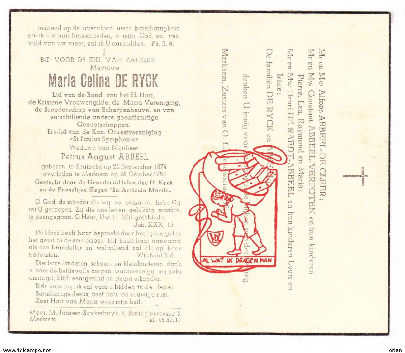 DP Maria Celina De Ryck ° Kruibeke 1874 † Merksem 1951 X Petrus August Abbeel // De Cleer Verpoten De Raedt - Devotion Images