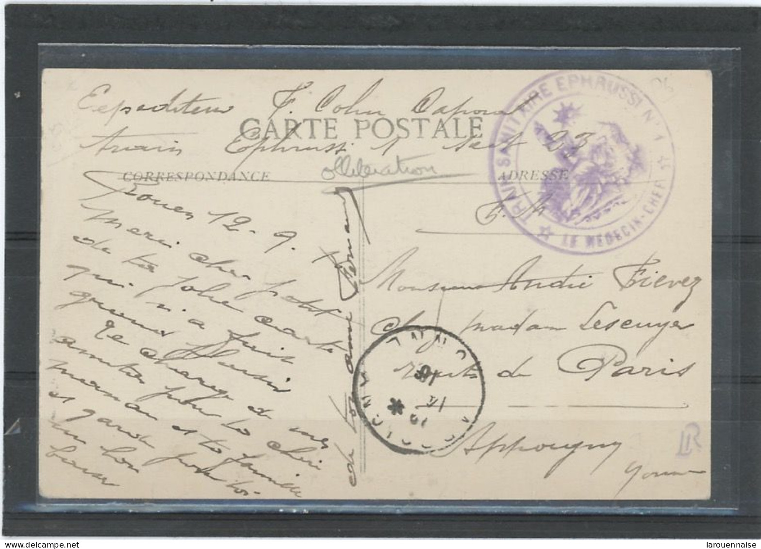 CACHET MILITAIRE -76 ROUEN-CP-  FRAPPE TB -DOUBLE  CERCLE VIOLET, 38mm -TRAIN SANITAIRE EPHRUSSI N°1/*LE MEDECIN CHEF - Guerre De 1914-18