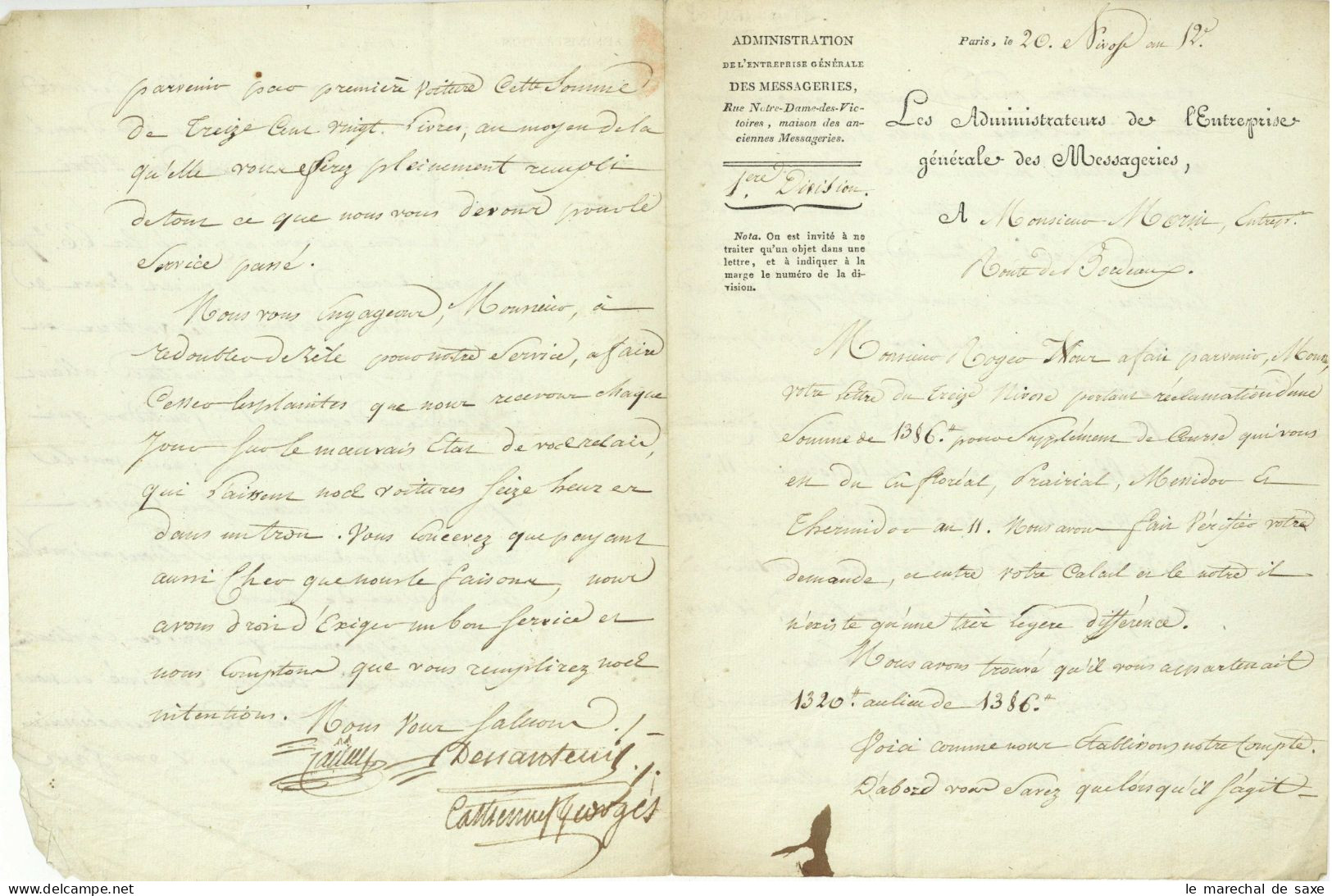 Administrateurs De L'entreprise Generale Des Messageries 1804 Paris Pour Bordeaux - 1801-1848: Precursores XIX