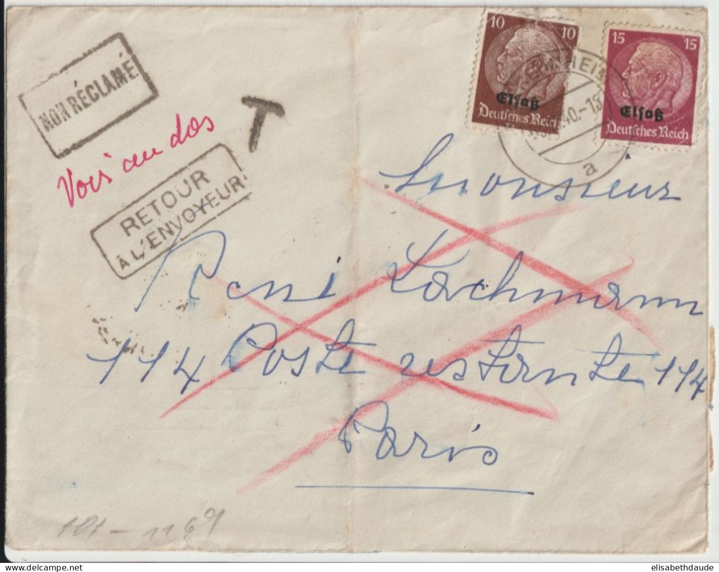 1940 - ALSACE ALLEMANDE - ENVELOPPE De OBEREHNHEIM => PARIS POSTE RESTANTE - CENSURE + TAXE => RETOUR - Brieven En Documenten