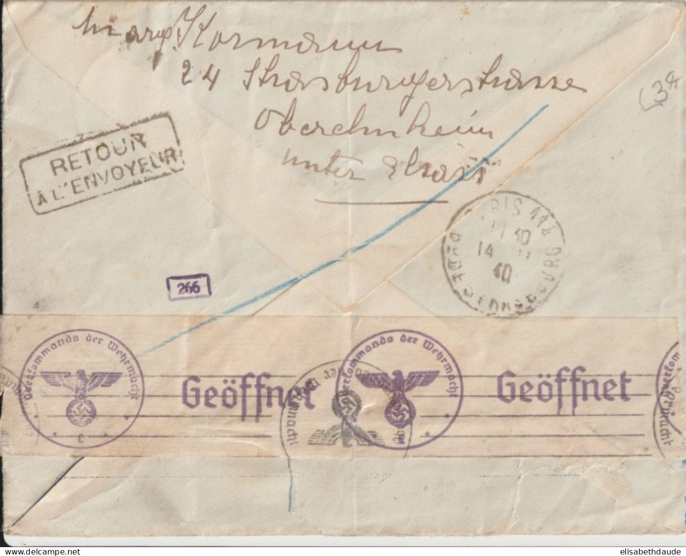 1940 - ALSACE ALLEMANDE - ENVELOPPE De OBEREHNHEIM => PARIS POSTE RESTANTE - CENSURE + TAXE => RETOUR - Lettres & Documents