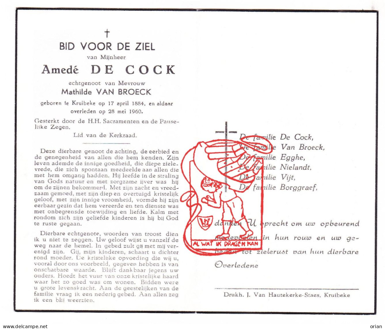 DP Amedè De Cock ° Kruibeke 1884 † 1960 X Mathilde Van Broeck // Egghe Nielandt Vijt Borggraef - Images Religieuses