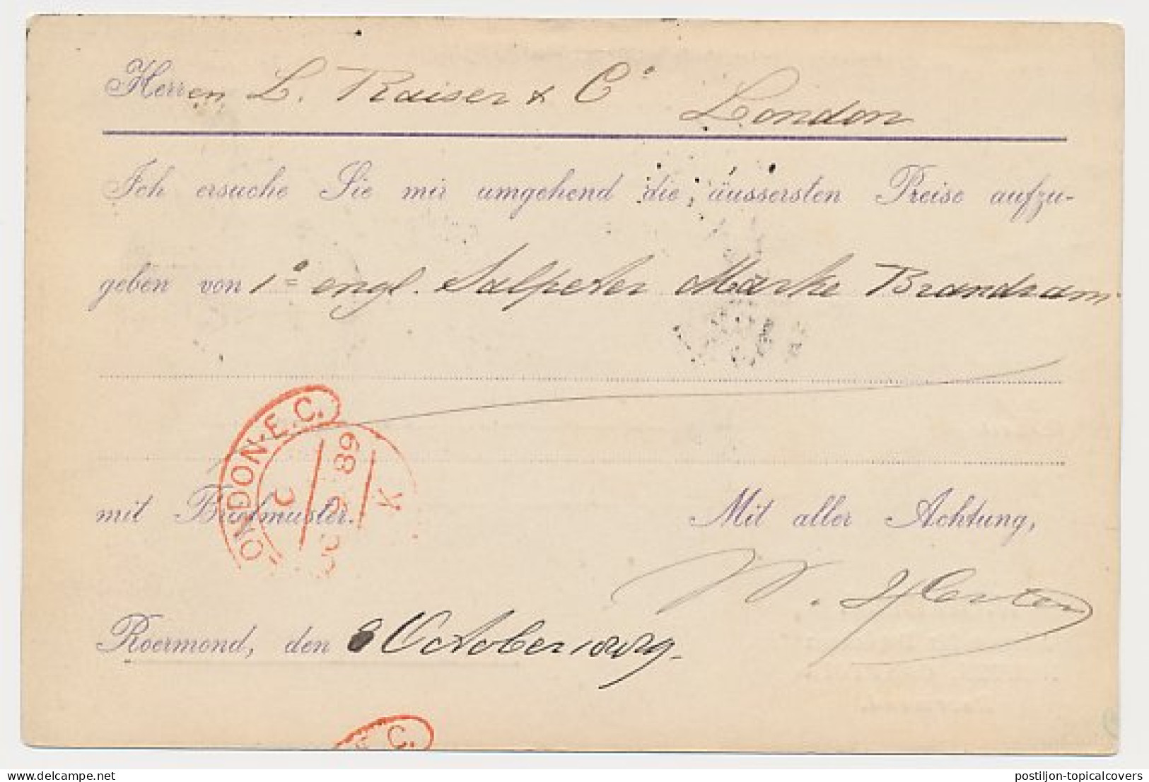Briefkaart G. 27 Particulier Bedrukt Roermond - GB / UK 1889 - Ganzsachen