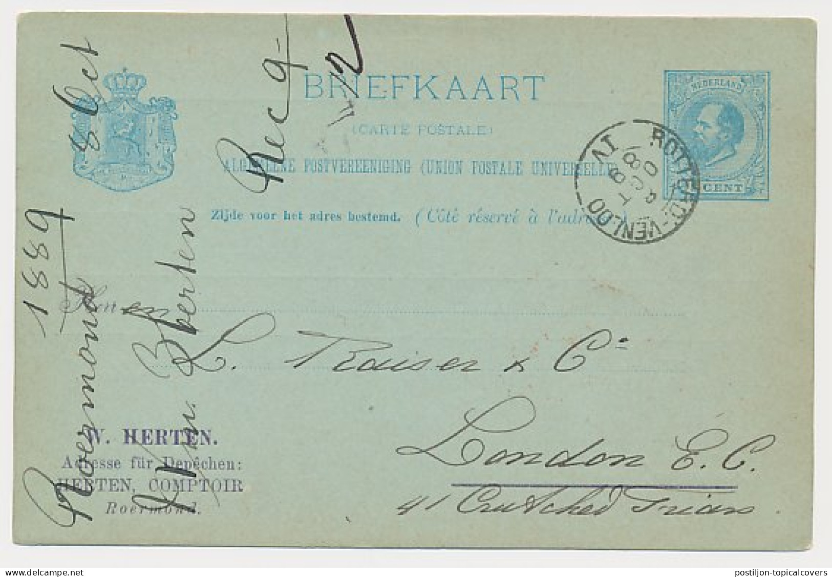 Briefkaart G. 27 Particulier Bedrukt Roermond - GB / UK 1889 - Entiers Postaux