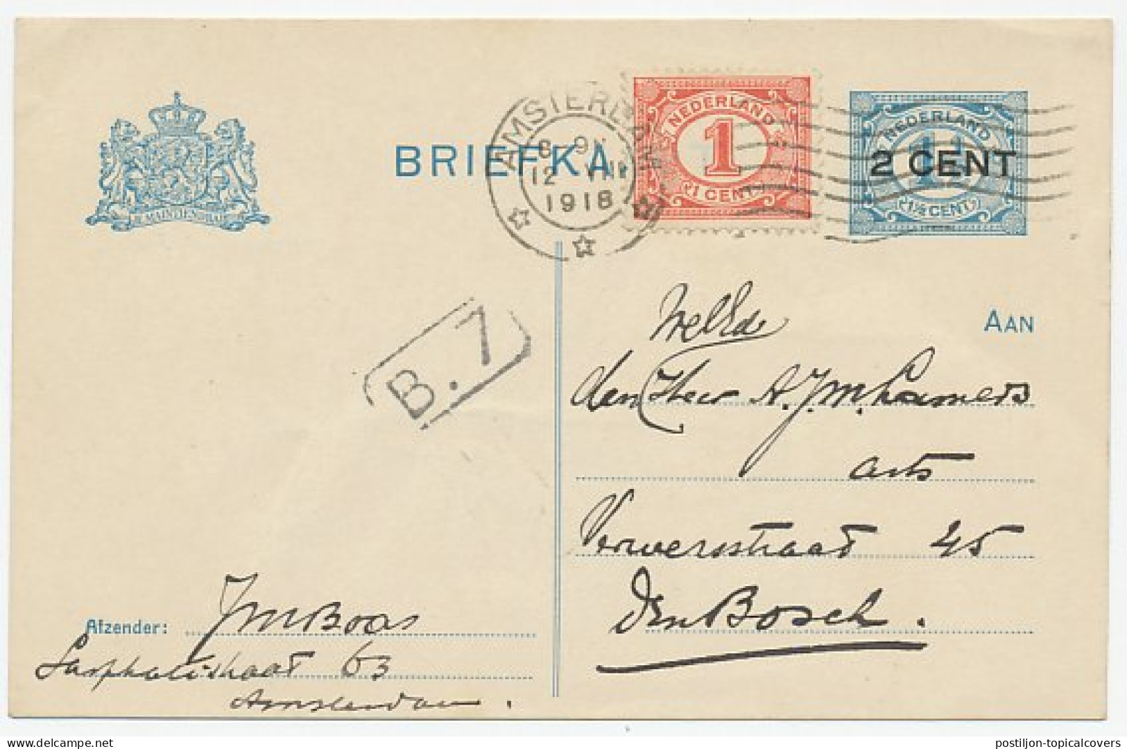 Briefkaart G. 94 A I / Bijfrankering Amsterdam - S Hertogenbos - Postal Stationery