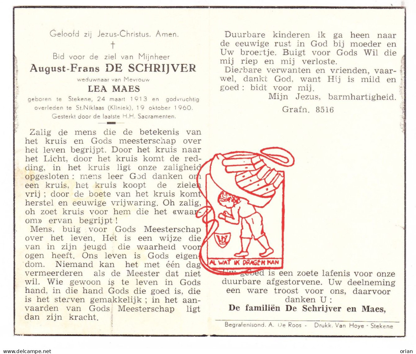 DP August Frans De Schrijver 47j. ° Stekene 1913 † Sint-Niklaas 1960 X Lea Maes - Devotion Images