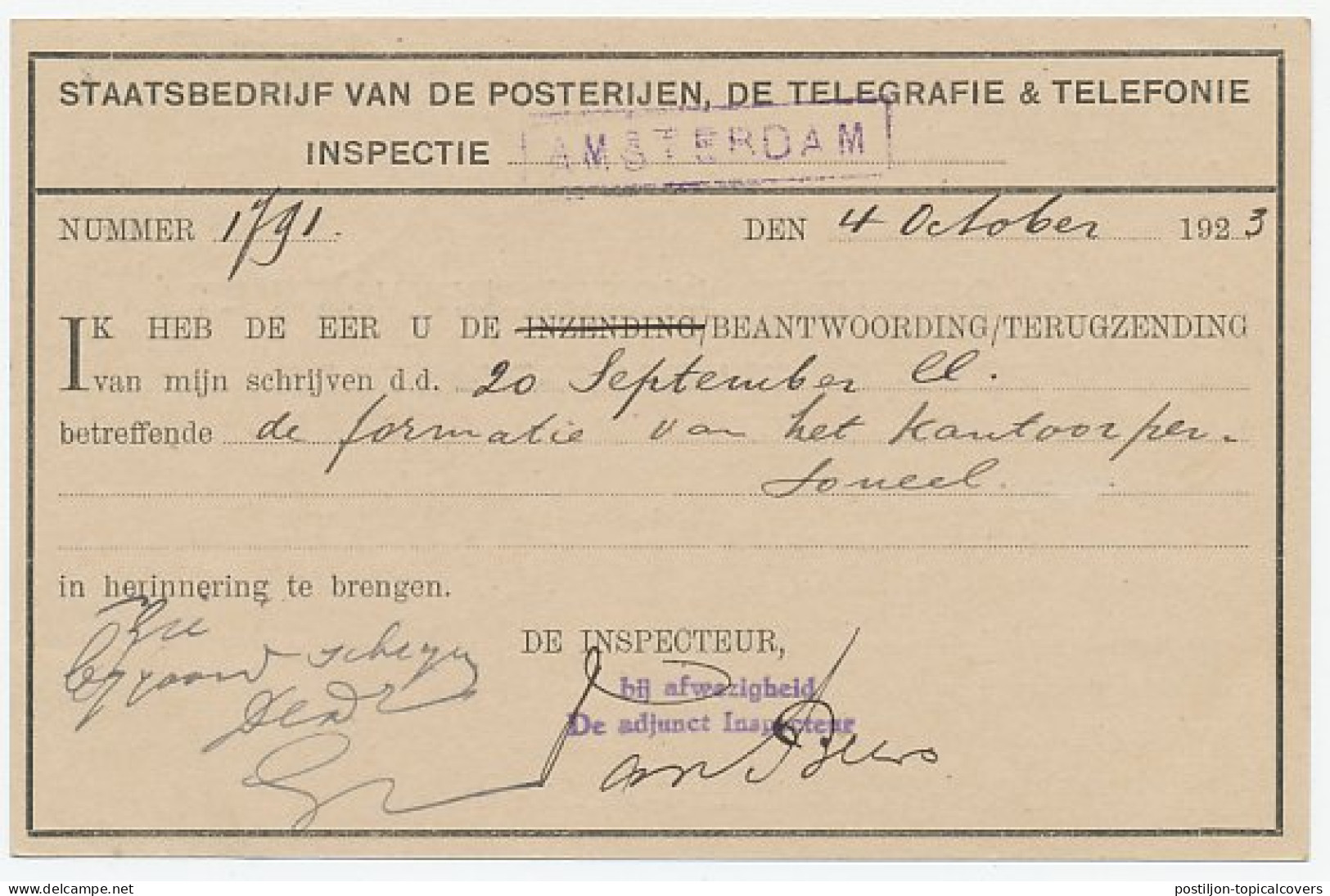 Dienst PTT Amsterdam - Wormerveer 1923 - Formatie Personeel - Ohne Zuordnung