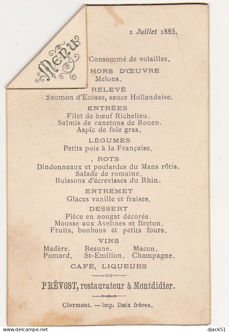 Ancien Menu / 1885 / PREVOST, Restaurateur à Montdidier / Clermont - Imp. Daix Frères - Menus