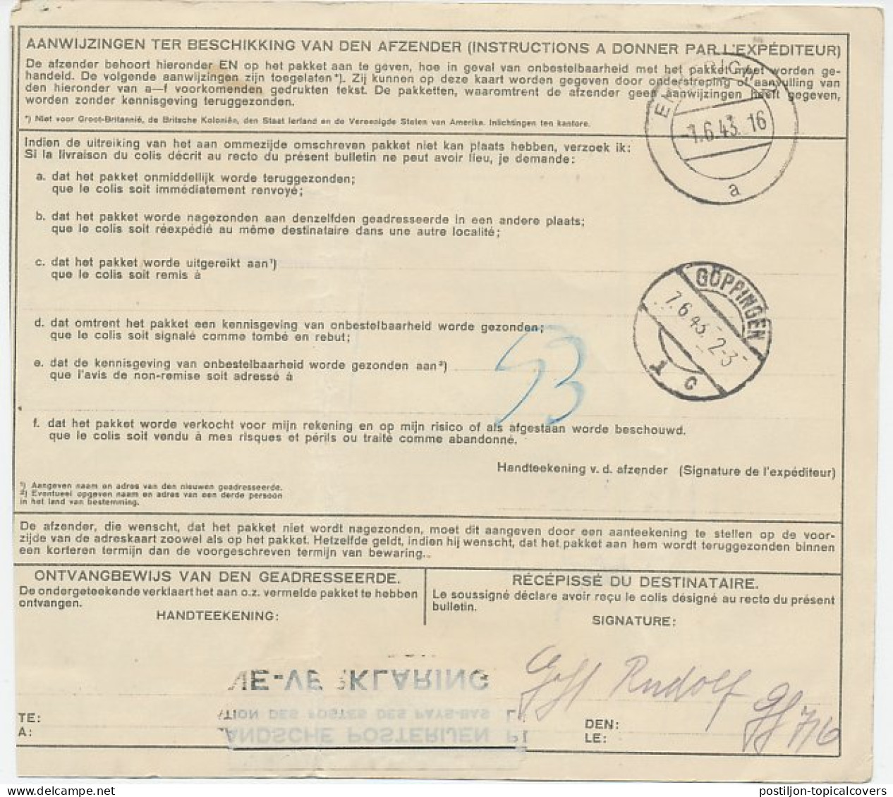 Em. Duif Pakketkaart Tilburg - Duitsland 1943 - Ohne Zuordnung