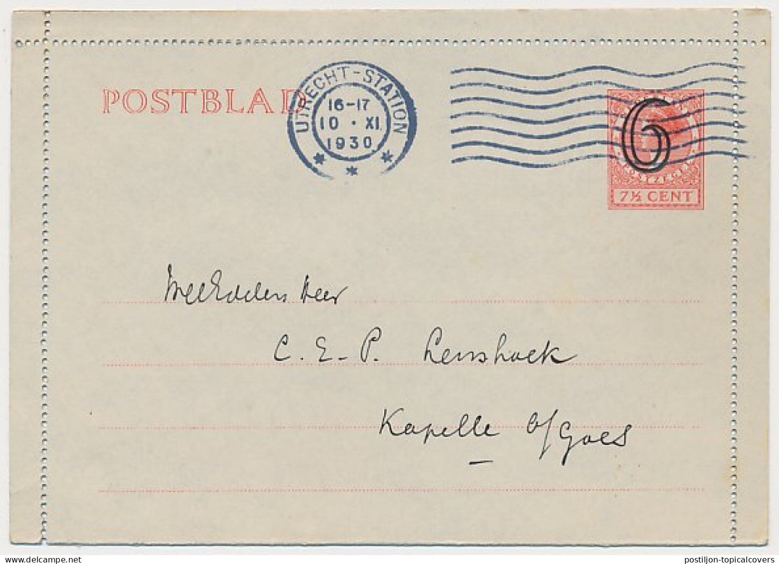 Postblad G. 17 X Utrecht - Kapelle 1930 - Ganzsachen