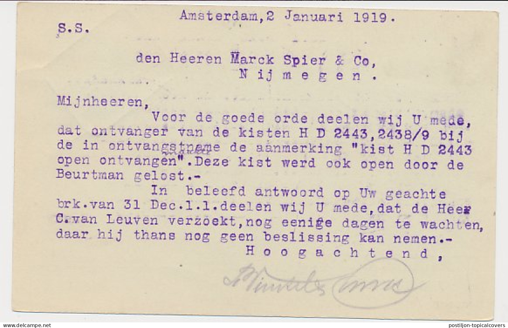 Treinblokstempel : Amsterdam - Arnhem IX 1919 - Ohne Zuordnung