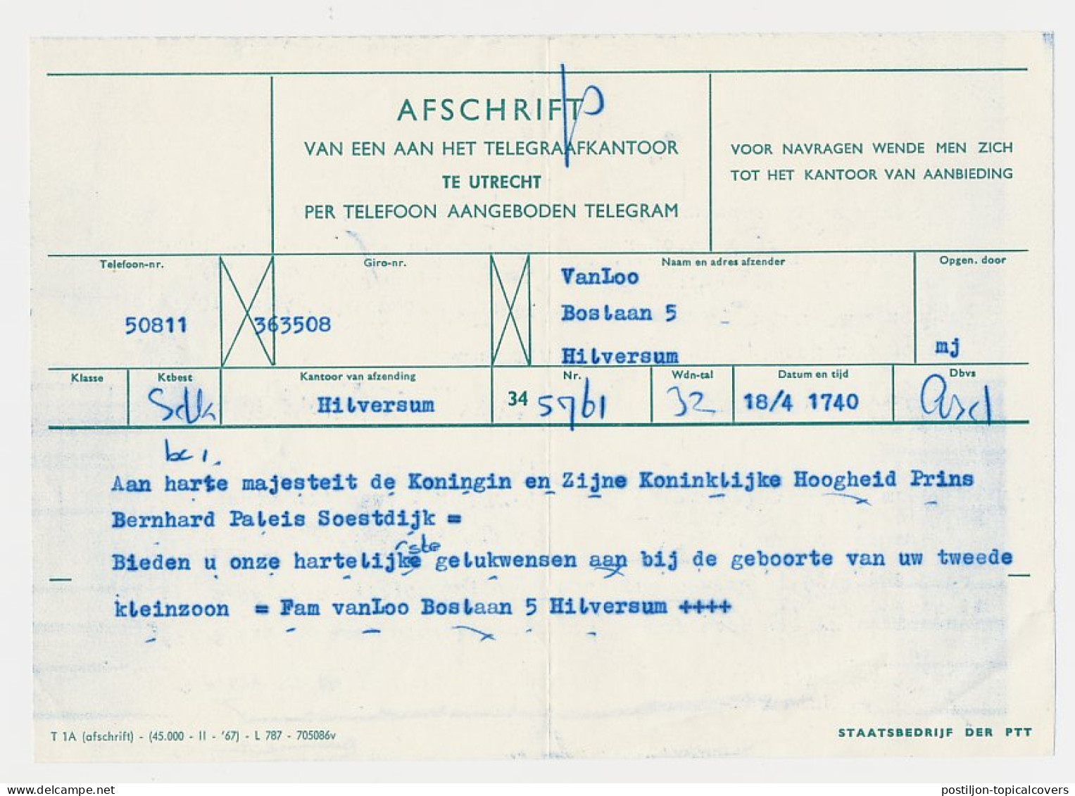 Afschrift Van Per Telefoon Aangeboden Telegram Hilversum 1968 - Ohne Zuordnung