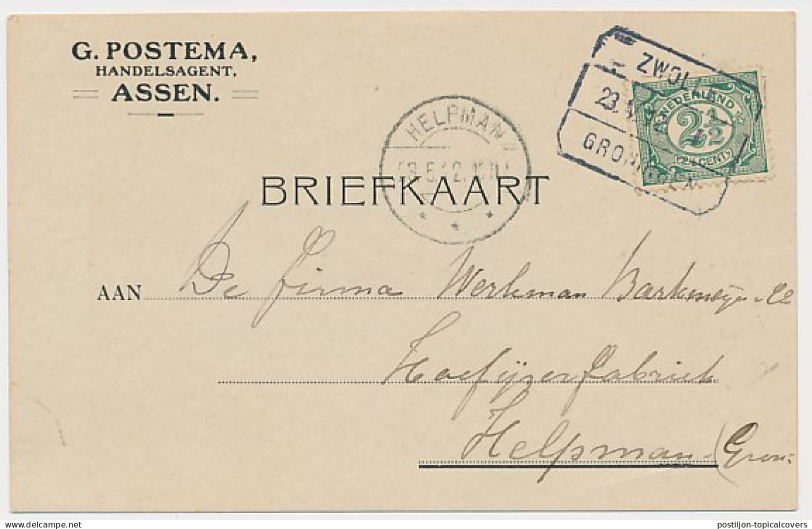 Firma Briefkaart Assen 1912 - Handelsagent - Ohne Zuordnung