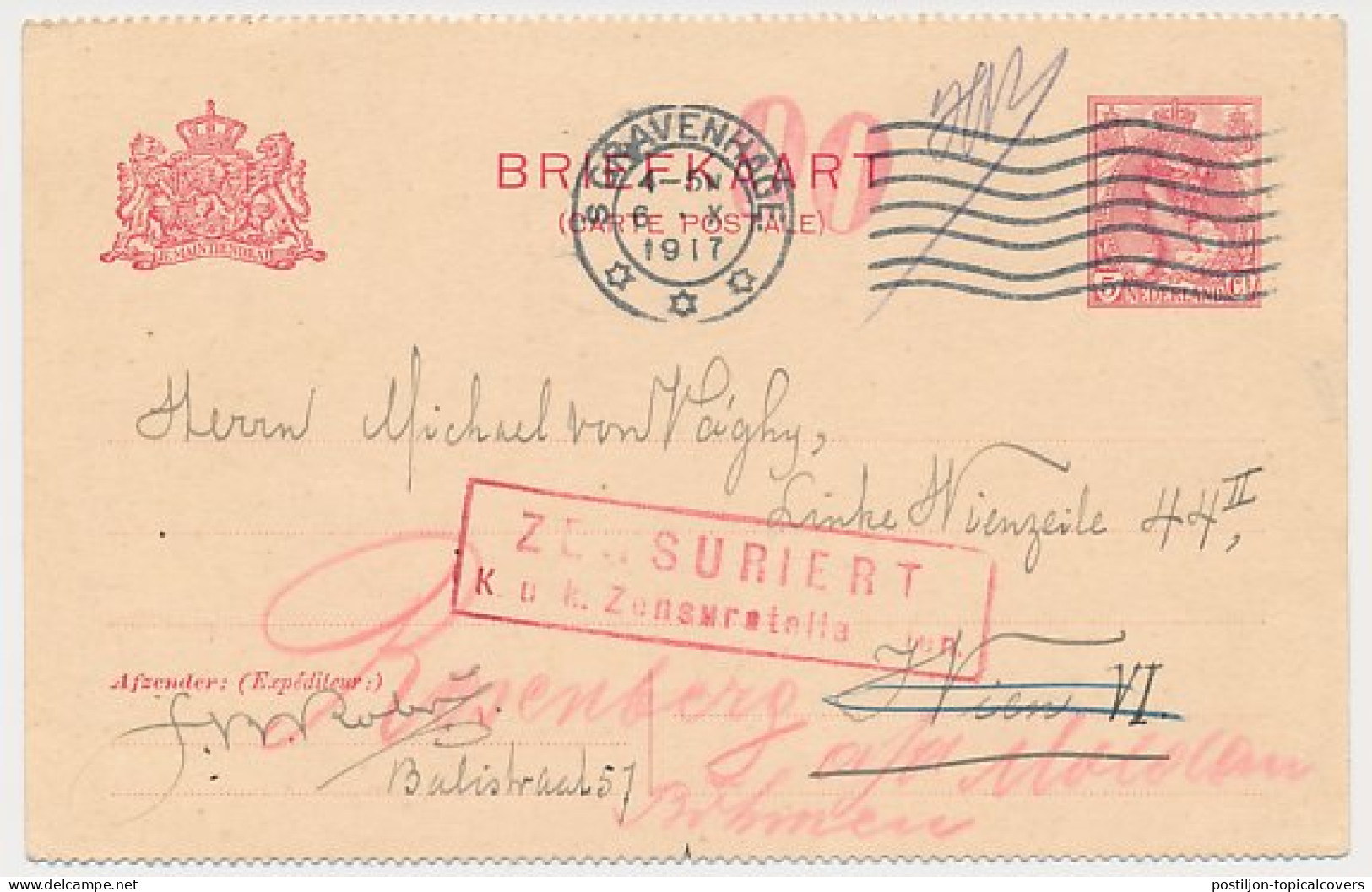 Briefkaart G. 84 B II S Gravnehage - Wenen Oostenrijk 1917 - Ganzsachen